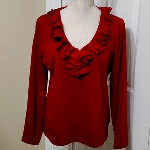 CHAPS RED LONG SLEEVE RUFFLED NECK ACCENT SZ L GREAT CONDITION